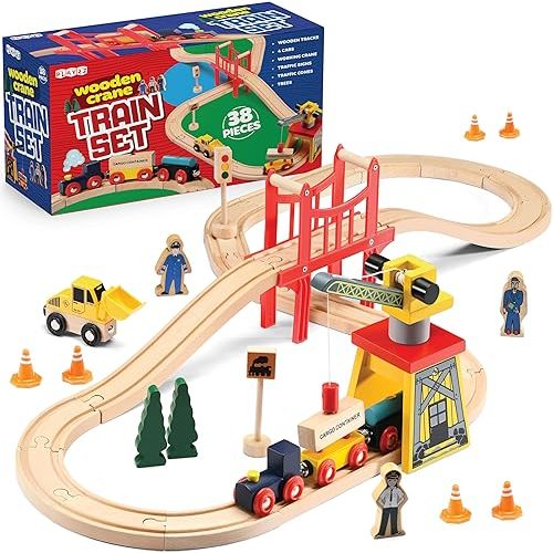 Wooden Train Set Toddler Toys - 38 Pcs Wood Train Track Set for Toddlers 2-4 Years with Crane, Bridge & Accessories - Compatible with All Major Brands