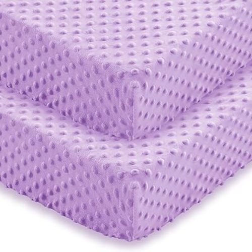 Entisn Baby Crib Sheets 2 Pack, 28 x 52 Inch Minky Dot Fitted Crib Mattress Sheet for Girls, Soft and Warm Fleece Nursery Bedding for Standard Toddler Bed Mattresses (Light Purple)