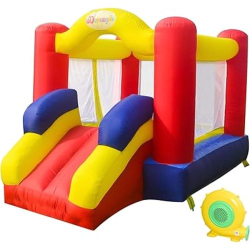 Outdoor Play Bounce House with Slide Inflatable Bouncer Backyard Playground Sets with Blower, Dart Target Game for Kids 6.6x9.6x5.8ft