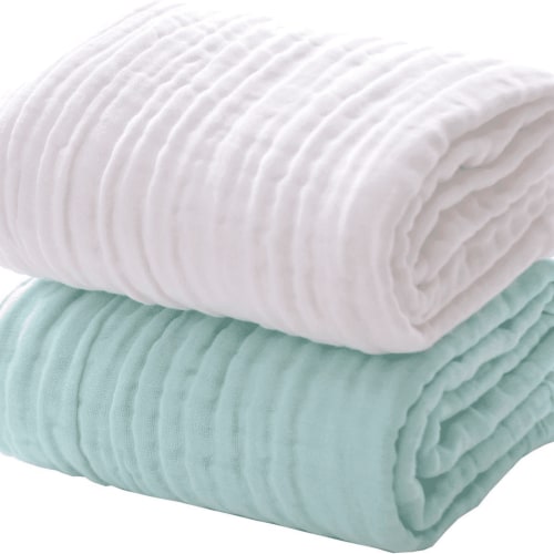 Baby Muslin Bath Towels, Super Soft Absorbent 100% Cotton Blanket, Multi-Use Swaddle Receiving Blanket for Newborns, Toddlers, Kids & Adults, Baby Shower Gift, 2 Pack, 41.5x41.5 in(White+Green)