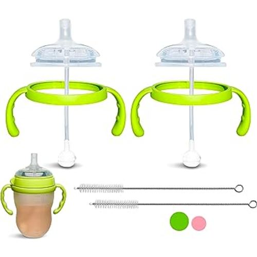 Straw Cup Conversion Kit for Comotomo Baby Bottles | 2-Count | with Soft Silicone Straw Top Nipples, Weighted Any Angle Straw Ball, Bottle Handles and Straw Cleaning Brush (Straw Top, Green)