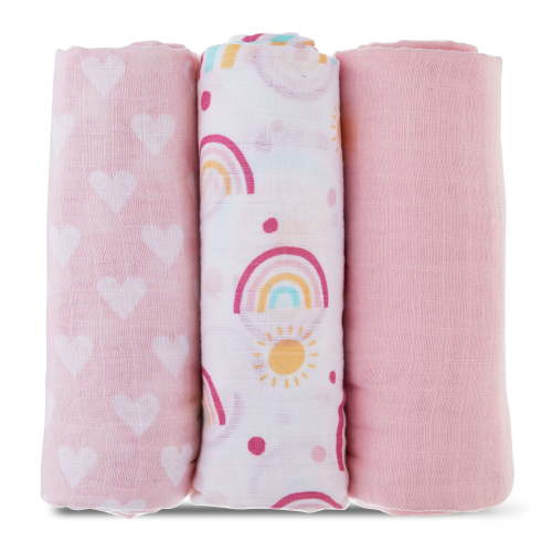 Parent's Choice Muslin Extra Large Swaddle 3-Pack, Rainbow, Pink & White, Infant Girl
