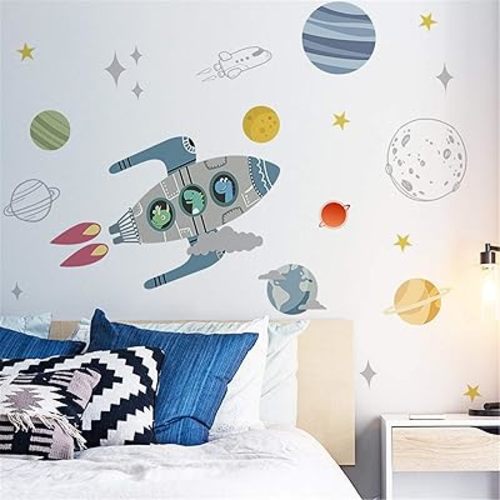 ROFARSO Cartoon Cute Dinosaurs on Rocket Wall Stickers Planets Outer Space Stars DIY Vinyl Removable Large Wall Decals Art Decorations Decor for Kids Boys Bedroom Living Room Playing Room Murals