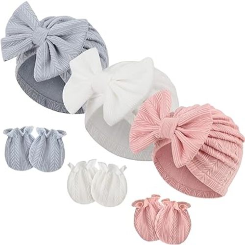 BQUBO Newborn Baby Hospital Hats Beanie Bow Infant Caps Baby Cotton No Scratch Mittens Set for 0-12 Months