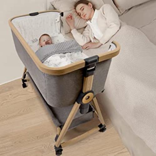 Maydolly Baby Bedside Sleeper, Baby Bassinets Baby Crib with Storage Basket and Wheels, Adjustable Height Portable Baby Bed for Infants
