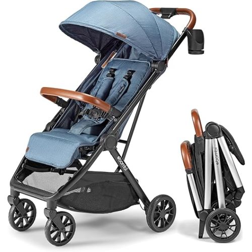 Bēbee V2 Lightweight Baby Stroller - Premium Vegan Leather, One-Hand Fold, Infinite Recline, Aircraft-Grade Aluminum Frame, XXL Canopy, and Ample Storage Umbrella Stroller - Storm Blue