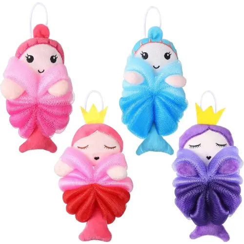 4 Pcs Mermaid Kids Loofah for Girl Boy Body Shower Cute Animal Bath Shower Sponges Toddler Baby Bath Supplies