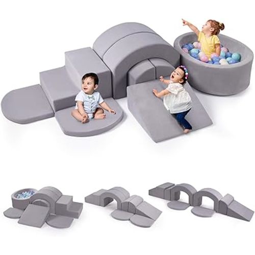 9-Piece Foam Climbing Blocks for Toddlers, Baby Climb and Crawl Soft Play Set with Ball Pit, Machine Washable Cover, Indoor Activity Play Structure, Climbing Toys for Toddlers 1-3 (Gray)
