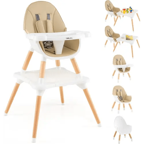 BABY JOY 6 in 1 High Chair, Convertible High Chairs for Babies and Toddlers/Booster Seat/Table and Chair Set, Infant Wooden Highchair w/ 5-Point Harness, 4-Position Removable Tray & PU Cushion (Khaki)