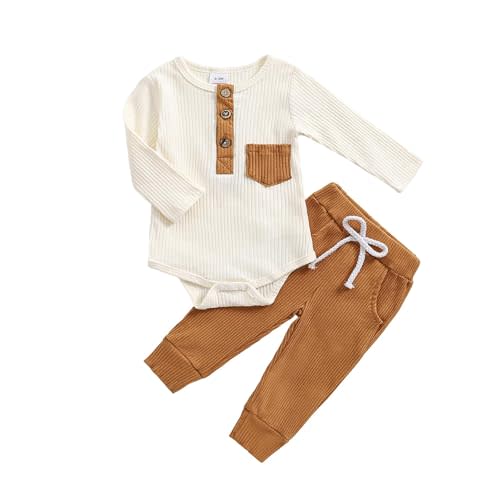 fhutpw Baby Boy Clothes 3 6 12 18 Months Ribbed Knitted Long Sleeve Romper and Pants Sets Newborn Fall Splicing Color Outfits