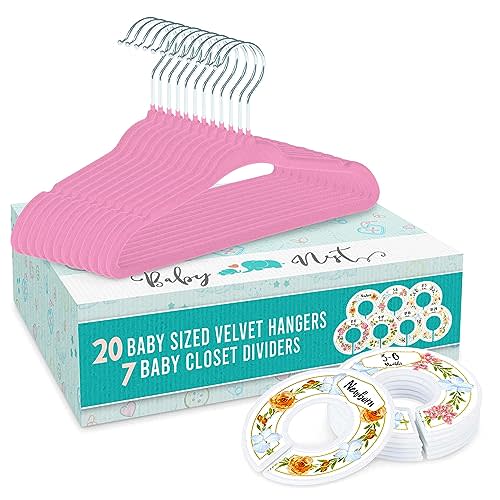 Baby Nest Designs 20x Baby Hangers for Closet with 7X Baby Closet Dividers for Nursery Velvet Baby Clothes Hangers Unisex Newborn Essentials Baby Size Organizer for Infant Clothing to 24 Months