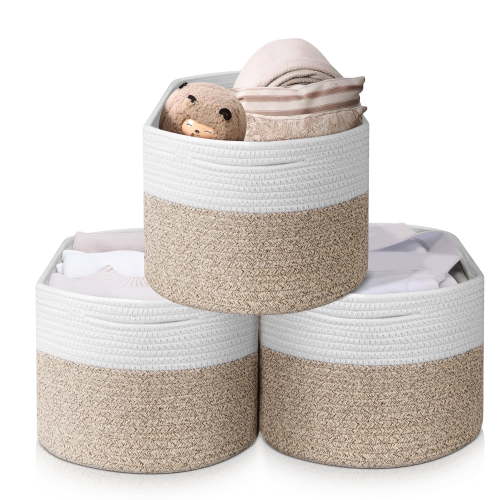 Woven Baskets for Storage, 3 Pack 18L Cotton Rope Baskets for Organizing, 11''x11''x9'' Woven Rope Basket Cube Bin Square Shelves Organizer, Toy Basket or Storage Bins for Living Room, Baby Nursery