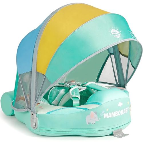 Mambobaby Float Add Tail No Flip Over Non-Inflatable Baby Swim Float Pearl Foam Solid Water Floats Smart Swim Trainer Infant Pool Float Swim Ring with Sun Canopy
