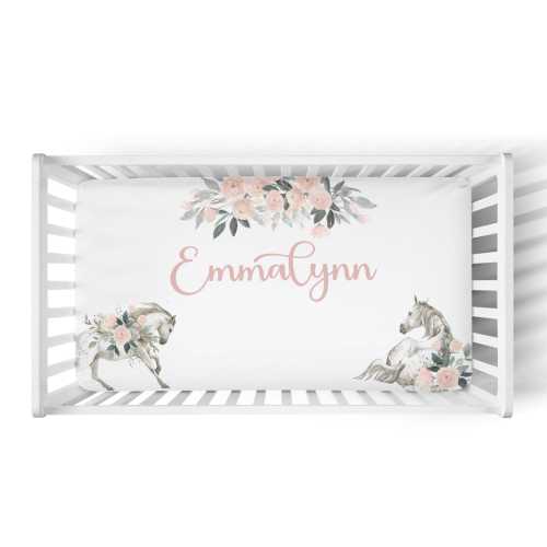 Personalized Horse Crib Sheet -Horse Crib Bedding. Custom Farm Baby Shower, Horse Baby Girl Bedding  -Boho Floral Horse Nursery SS548