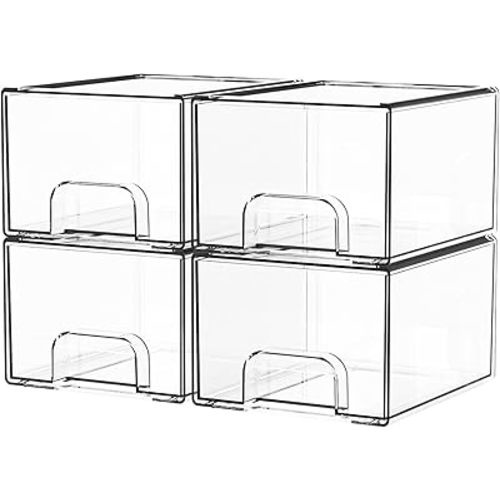 Yieach 4 Pack Clear Stackable Storage Drawers,4.4'' Tall Acrylic Drawer Containers for Organizing,Bathroom Organizers and Storage Bin Box,Plastic Makeup,Medicine Organizer Bins for Cabinet,Undersink