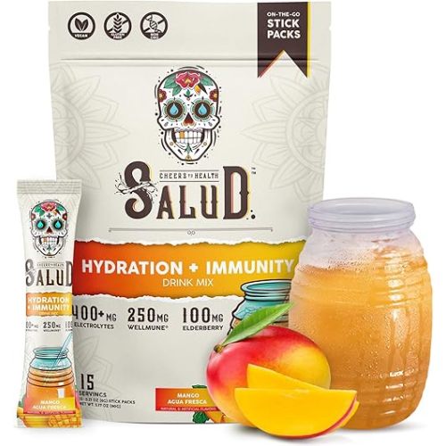 Salud 2-in-1 Hydration Packets + Immunity Electrolytes Powder, Mango - Agua Fresca Drink Mix, Elderberry, Dairy & Soy Free, Non-GMO, Gluten Free, Vegan, Low Calorie, 1g Sugar (15 Servings)