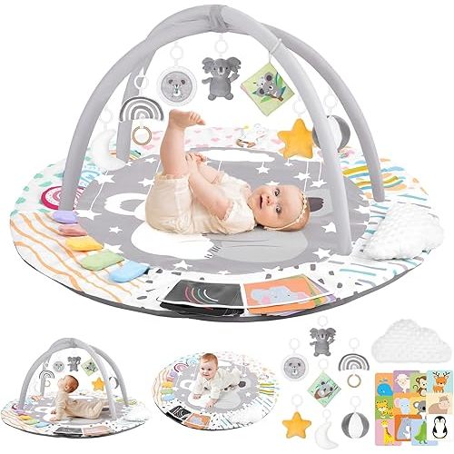 Baby Play Gym & Activity Mat, 4-in-1 Tummy Time Mat with Support Pillow, 7 Detachable Sensory Toys & Educational Cards for Motor Skills Development, Newborn Essentials Shower Gift, Grey Koala