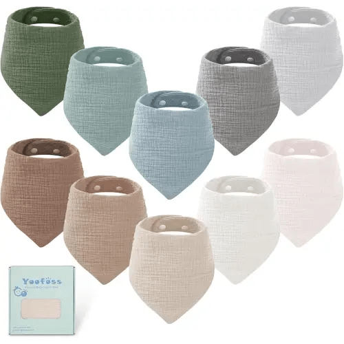 Yoofoss Muslin Baby Bibs 10 Pack 100% Organic Cotton 6-Layer Soft Absorbent Drool Bandana Baby Bibs for Drooling and Teething for Boys and Girls, Brown & Green