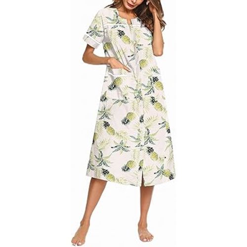 Ekouaer Womens Snap Front Dusters Cotton Housecoat Short Sleeve Nightgown House Dress With Pockets