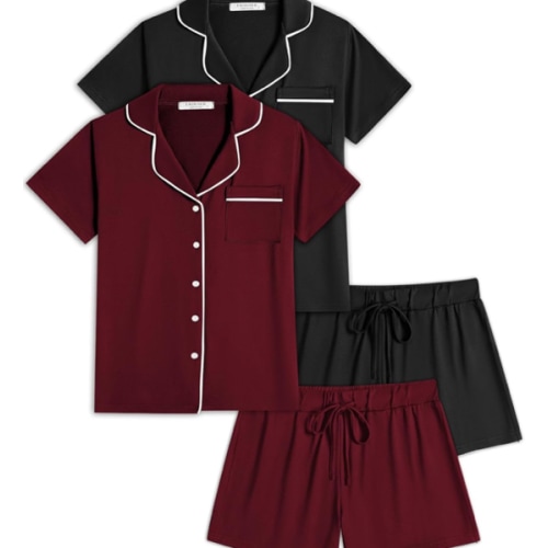 Ekouaer 2 Pack Womens Pajamas Set Button Down Summer Sleepwear Short Sleeve Comfy Pjs Loungewear Set