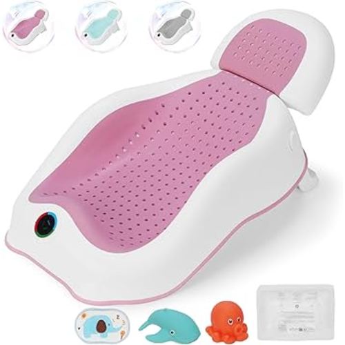 Baby Bath Support | Newborn Bathtub, With Thermometer, Collapsible, Ergonomically Designed, Baby Tubs for Newborn Essentials Must Haves (Pink)