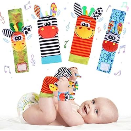 Wrist Rattle Foot Finder Socks Set for Baby Arm Hand Bracelet Rattle Feet Leg Ankle Socks Newborn Soft Sensory Toys Baby Socks Newborn Rattles Toys Baby Gifts 0-3 6-12 Months Infant Girl Boy