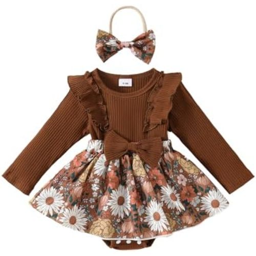 Newborn Baby Girl Clothes Boho Floral Romper Dress Fall Winter Outfit Ruffle Long Sleeve Jumpsuit with Headband