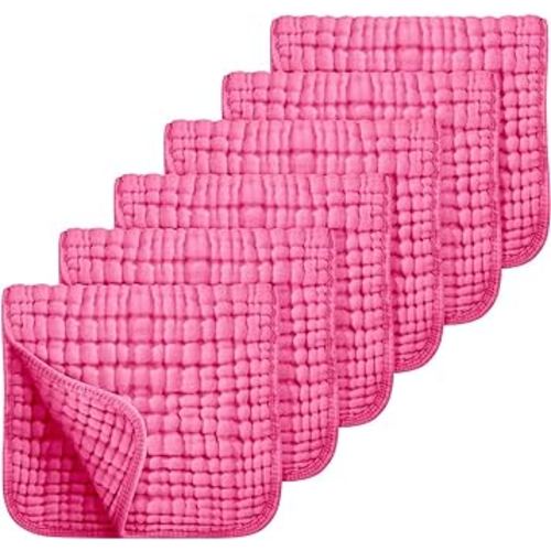 JhettyBaby Muslin Burp Cloths Large 100% Cotton Hand Washcloths for Babies, Baby Essentials 6 Layers Extra Absorbent and Soft Boys & Girls Baby Rags for Newborn Registry (Bright Pink)
