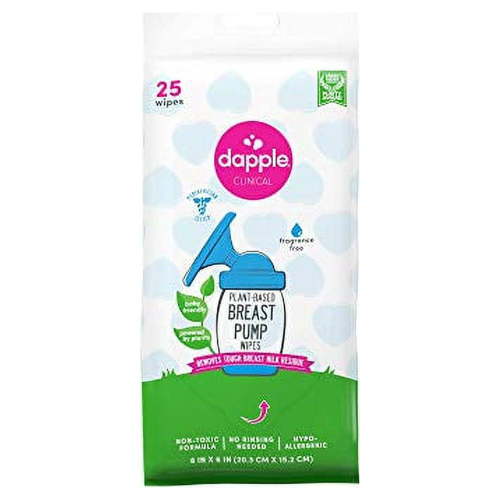Breast Pump Wipes by Dapple Baby, 25 Count, Fragrance Free, Plant Based & Hypoallergenic Breast Pump Wipes - Removes Milk Residue, Leaves No Taste - Convenient Wipes Pouch