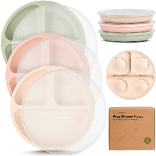 KeaBabies Suction Plates with Lids for Baby - 3-Pack 100% Silicone Toddler Plates with Suction, Divided, BPA-Free Baby Led Weaning Essentials for Kids, Dishwasher, Microwave Safe, Durable (Macaron)