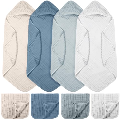 VitalCozy 8 Pcs Baby Muslin Hooded Bath Towels and Washcloths, 32 x 32 Inch Muslin Cotton Hooded Baby Towels Absorbent Hooded Blankets for Gift Newborn Infant Shower (Blue,White)
