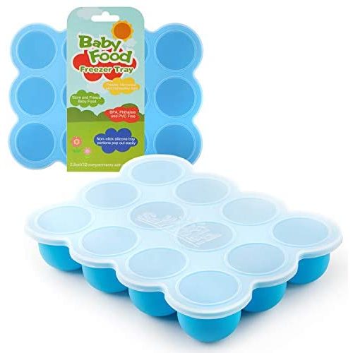 Samuelworld Baby Food Storage Container, 12x2.5oz - 12 Portions Freezer Silicone Tray with Lid - BPA Free - Blue