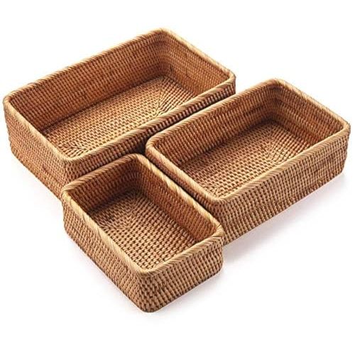 Natural Rattan Storage Baskets, Rectangular Woven Fruit Baskets, Wicker Decoration and Organizer for Bathroom, Living room (Set of 3)