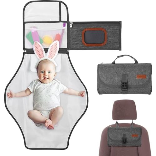 Portable Nappy Changing Mat, Foldable Diaper Changing Pad with Built-in Pillow and Multiple Pockets, Waterproof & Wipeable, ideal for Toddlers Infants & Newborns Home Outside, Baby Travel Essentials