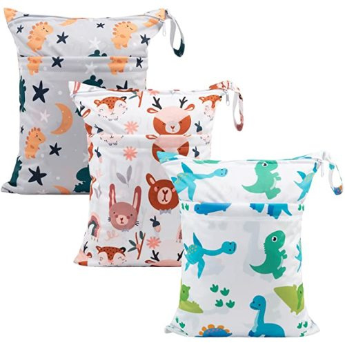 babygoal Wet Dry Bags for Baby Cloth Diapers, Washable Travel Bags, Beach, Pool, Gym Bag for Swimsuits & Wet Clothes with Two Zippered Pockets 3 Pack, 3LN23 - Animal world