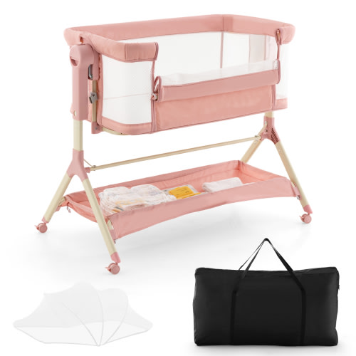 Costway Height Adjustable Bedside Sleeper Baby Crib with Storage Bag Pink