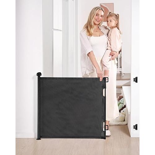 Likzest Retractable Mesh Gate, 33" Tall, Extends up to 55" Wide, Child & Pet Safety Gate for Stairs, Doorways & Hallways, Ideal for Dogs & Cats Indoors & Outdoors (Black)