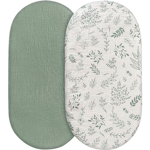Muslin Bassinet Fitted Sheets, 2 Pack for Baby Boy and Girl, Soft Breathable Stretchy Baby Pad/Mattress Sheet Set, Universal Fit for Hourglass Oval and Rectangle Bassinet Mattress (Natural Leaves)