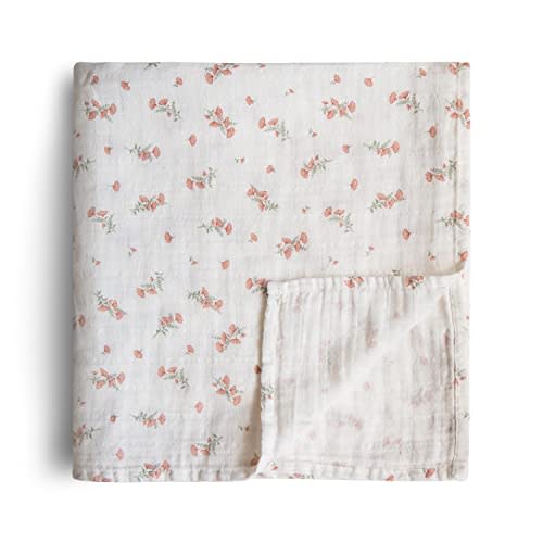 mushie Muslin Baby Swaddle Blanket | 100% Organic Cotton (Pink Flowers)
