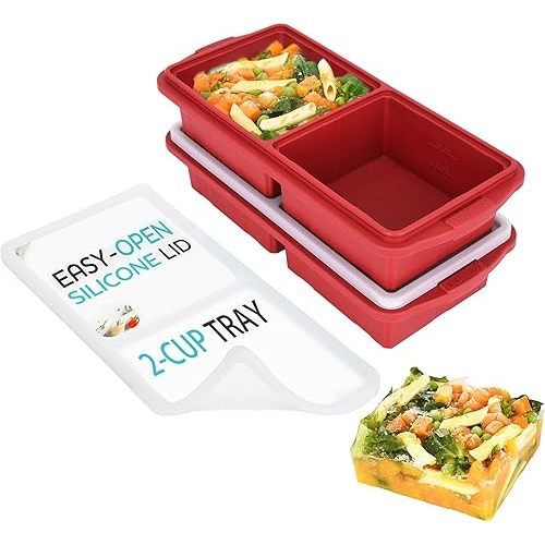 Silicone Freezer Tray With Lid-Soup Freezer Container molds-2-cup Extra Large Ice Cube Tray-makes 4 perfect 500ml portions cubes, For freezing soup,stews,sauces.Oven&Dishwasher-Safe(2-Pack)