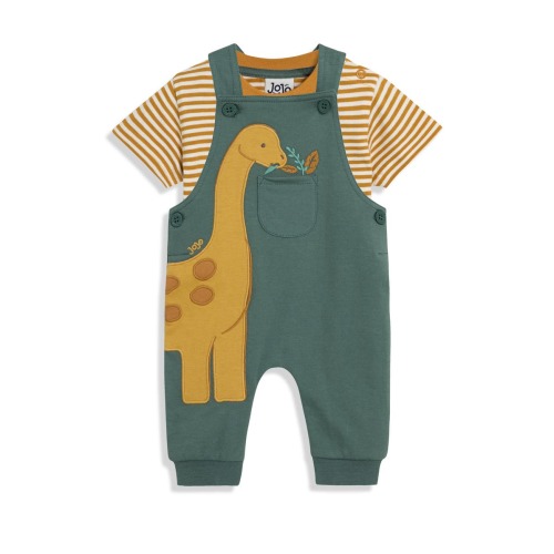 Stripe Cotton T-Shirt & Diplodocus Appliqué Overalls Set