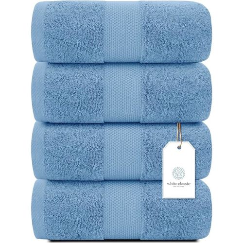 White Classic Luxury Bath Towels Large - Cotton Hotel spa Bathroom Towel |30x56 | 4 Pack | Light Blue