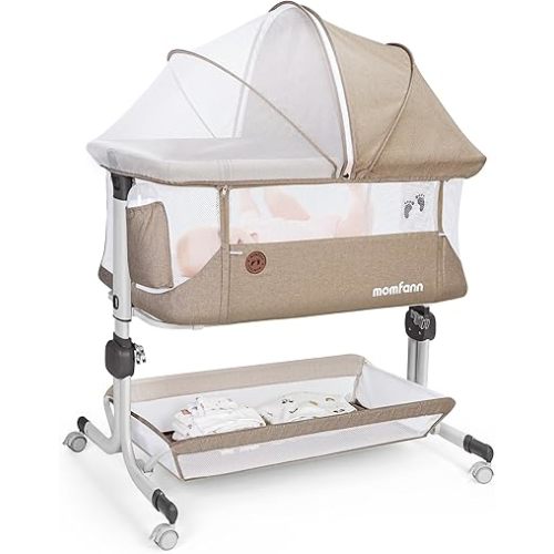 Baby Bassinet Bedside Sleeper, Upgraded Stability Bedside Crib with Full Mesh Sides, Soft Sheet, 6-Height Adjustment, Storage Basket, Easy Folding Portable Bassinet for Newborns,Camel