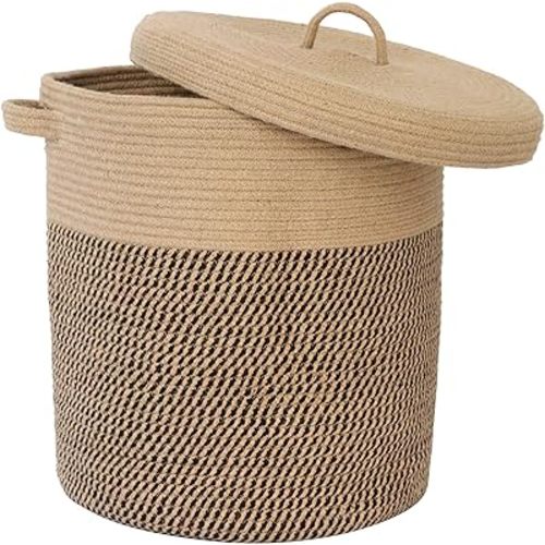 Extra Large Storage Basket with Lid 60L, 16"Wx18"H Woven Laundry Basket with Lid Jute Laundry Basket, Wicker Basket Blankets Pillows Storage in Living Room Baby Nursery, Jute/Black Mix with Lid