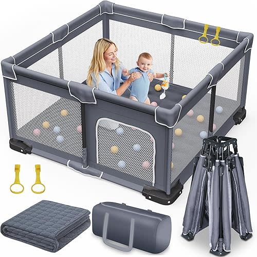 Foldable Baby Playpen with Mat, 50"x50" Folding Playpen for Babies and Toddlers, Sturdy Safety Play Yard with Gate, Portable Kid's Play Pen with Bag