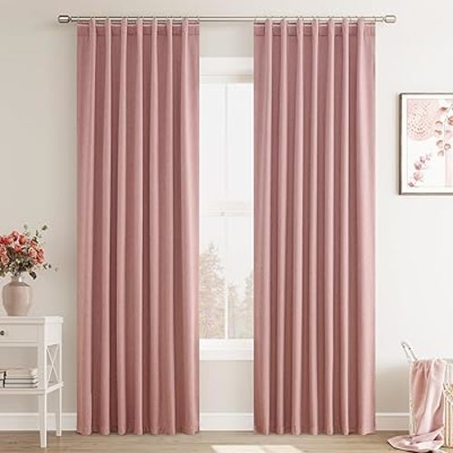 Joywell Blush Pink Linen 100% Blackout Curtains 90 Inch Long, Rod Pocket/Back Tab/Hook Belt,Thermal Insulated Drapes for Baby Girl Bedroom Living Room Nursery with Hooks(2 Panels,52 x 90 Inches)