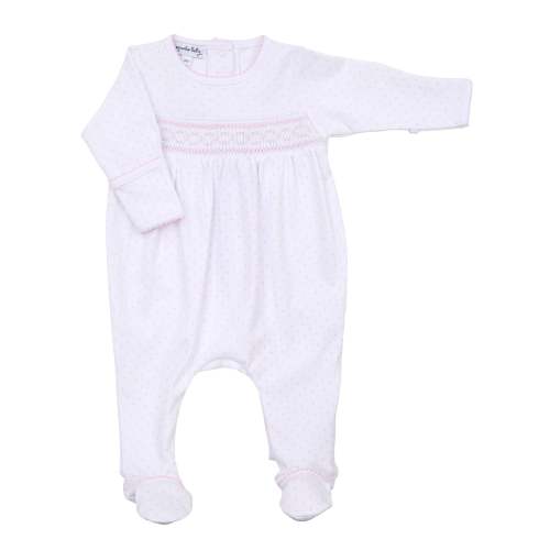 Baby Girl Smocked Footie - Pink Mini Dots - Magnolia Baby Pima Cotton