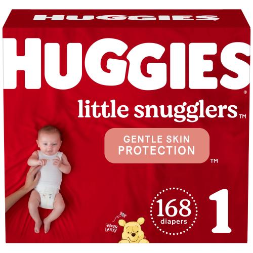 Huggies Little Snugglers Baby Diapers, Size 1, 168 Ct, Hypoallergenic, 12Hr Leak Protection