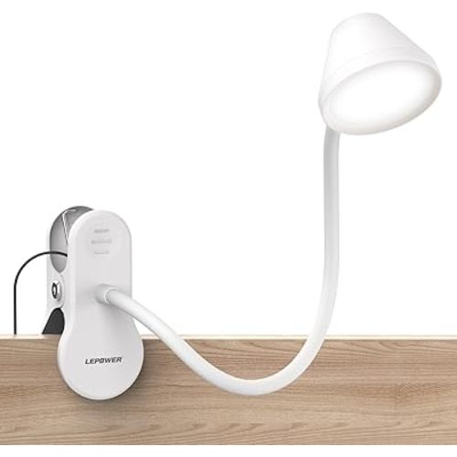 LEPOWER Clip on Light, Dimmable Book Light for Reading in Bed, 300LM Clip on Lamp, 5 Color Temperatures Clamp Light, Night Light Mode, Timer Setting, 2%-100% Brightness, for Bed, Headboard, White