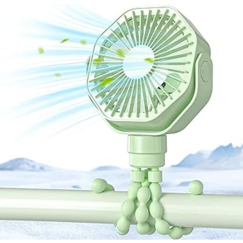 Portable Stroller Fan with Flexible Tripod, 3 Speeds Rechargeable Handheld Personal Fan, 360°Rotate Battery Operated Clip On Fan for Car Seat Crib Bike Treadmill Green